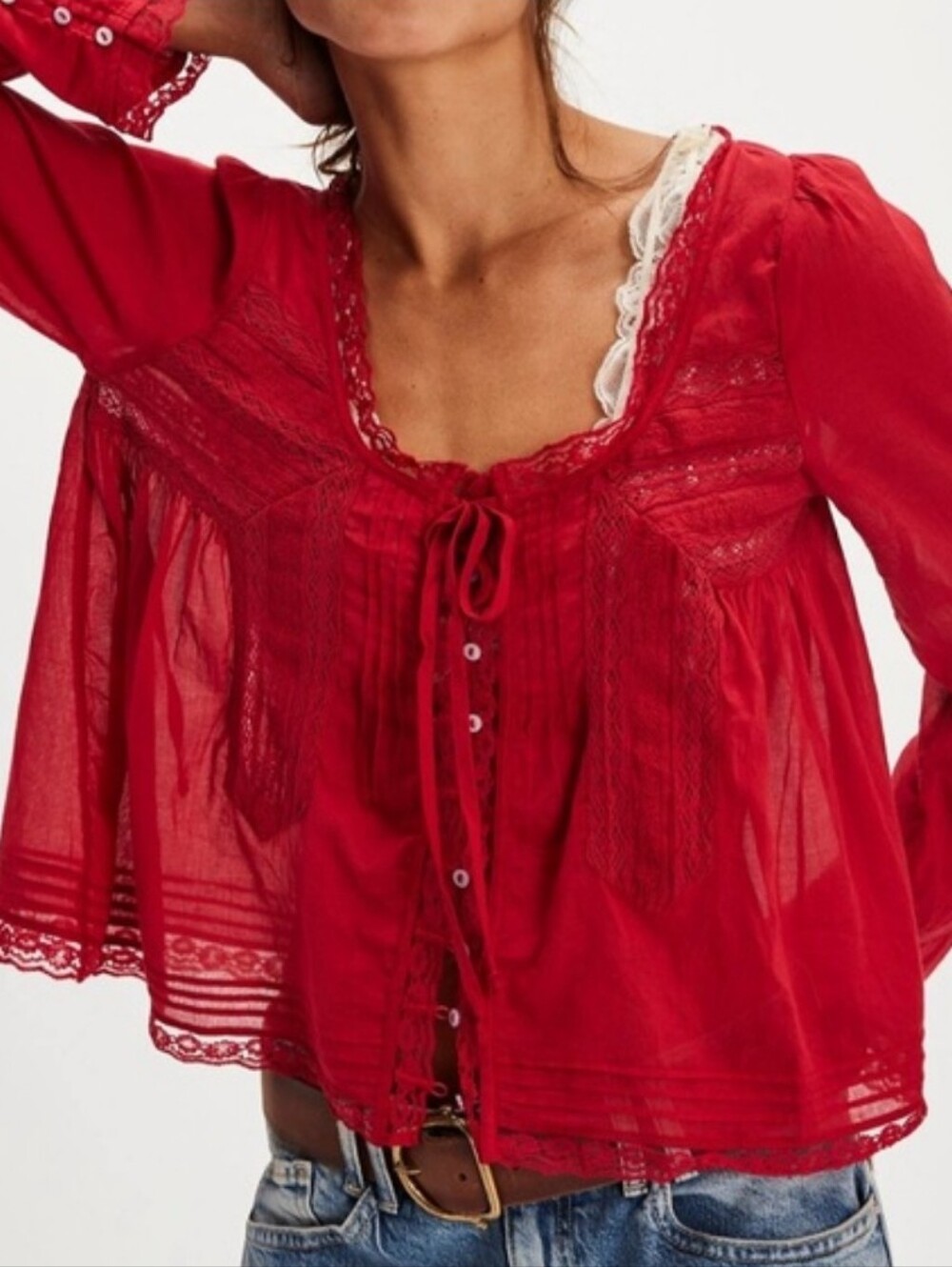 Free People Bohemian Red Lace-Trim Square Neck Peasant Top Red Size L